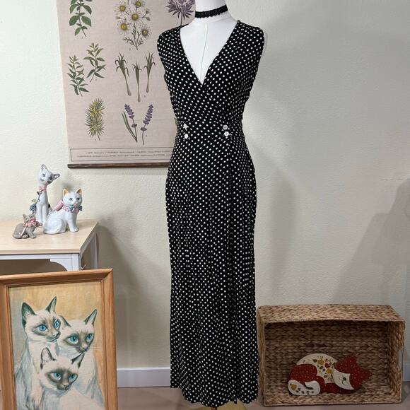 Vtg Black White Polka Dot Wide Leg Jumpsuit Mod Retro Rockabilly Gothabilly XS - Picture 1 of 6